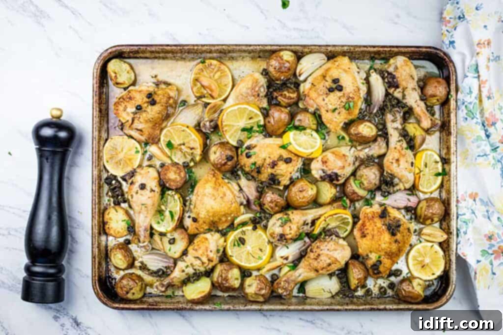 A sheet pan filled with golden-brown roasted chicken, potatoes, and lemon slices, fresh out of the oven.
