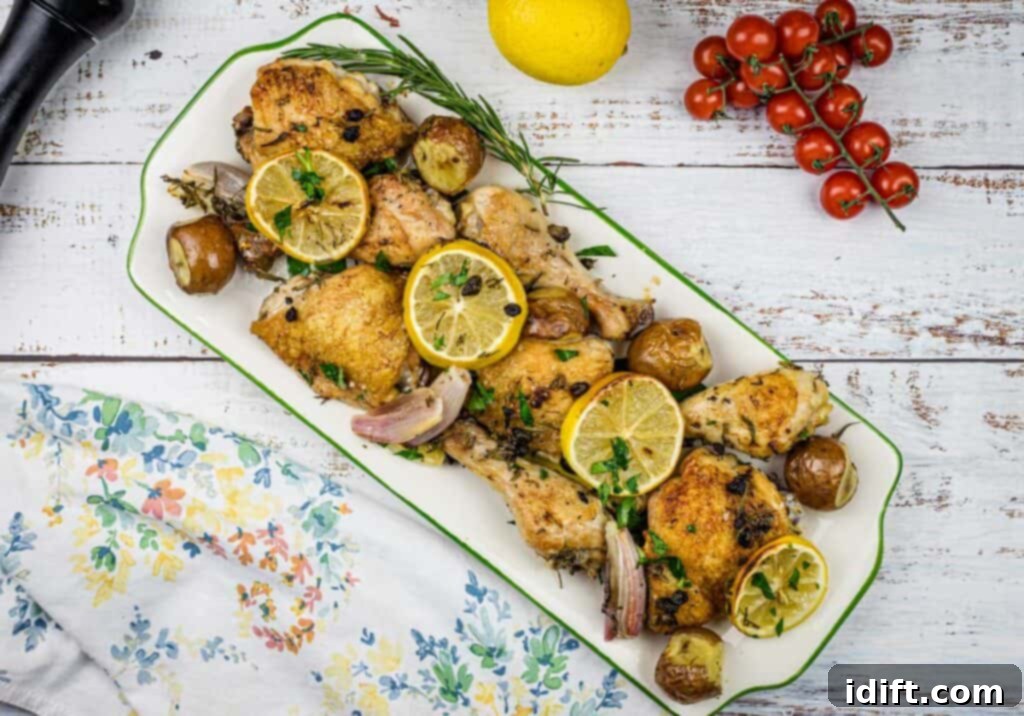 A beautifully plated serving of roasted chicken, lemon, and potatoes on a white dish, ready to be enjoyed.
