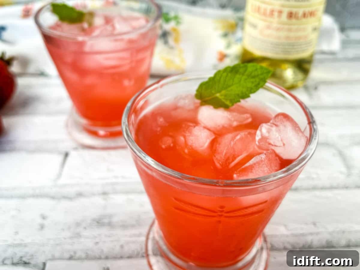 Two glasses of strawberry lillet crush with mint leaves.