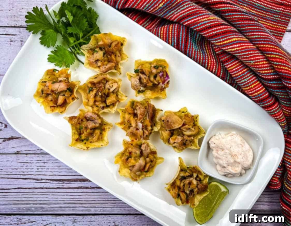 A platter brimming with golden-baked Smoked Chicken Tortilla Bites, perfectly arranged for a party or snack.