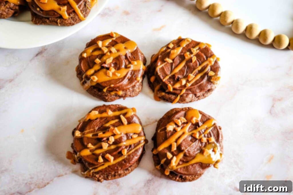 Chocolate Caramel Cookies on a counter