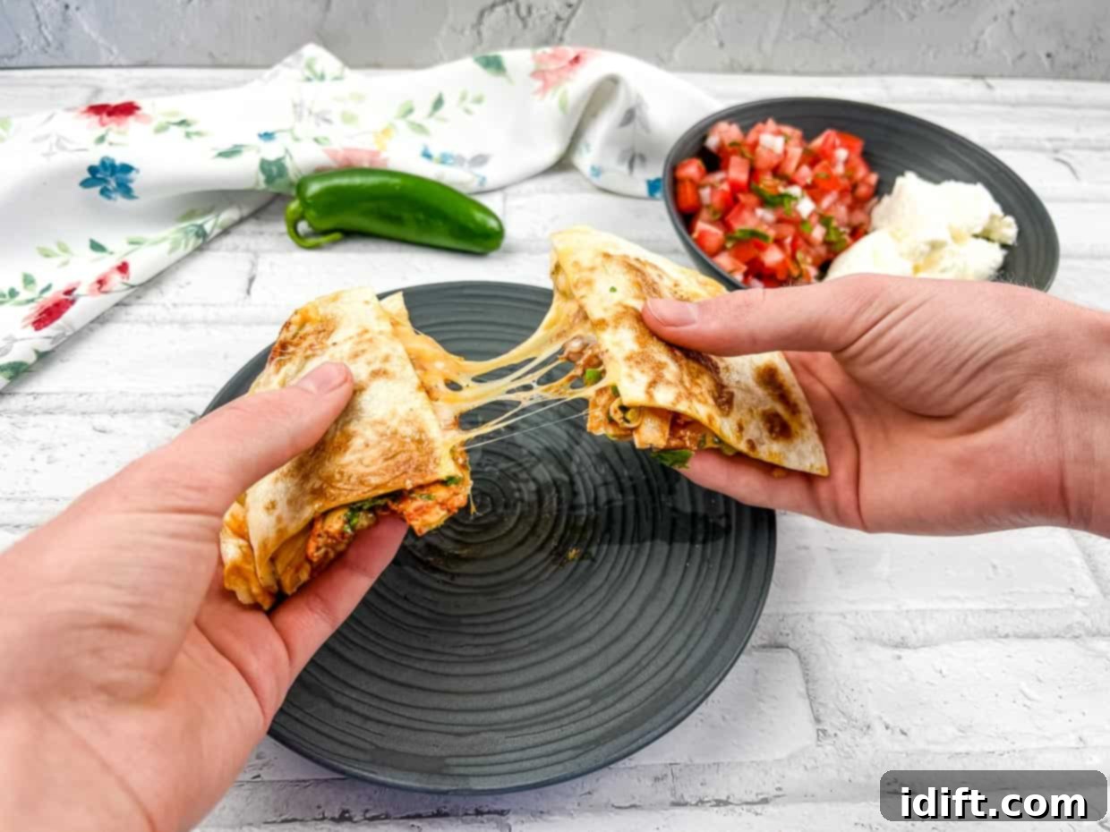 2 hands pulling a Chicken Al Pastor Quesadilla apart.