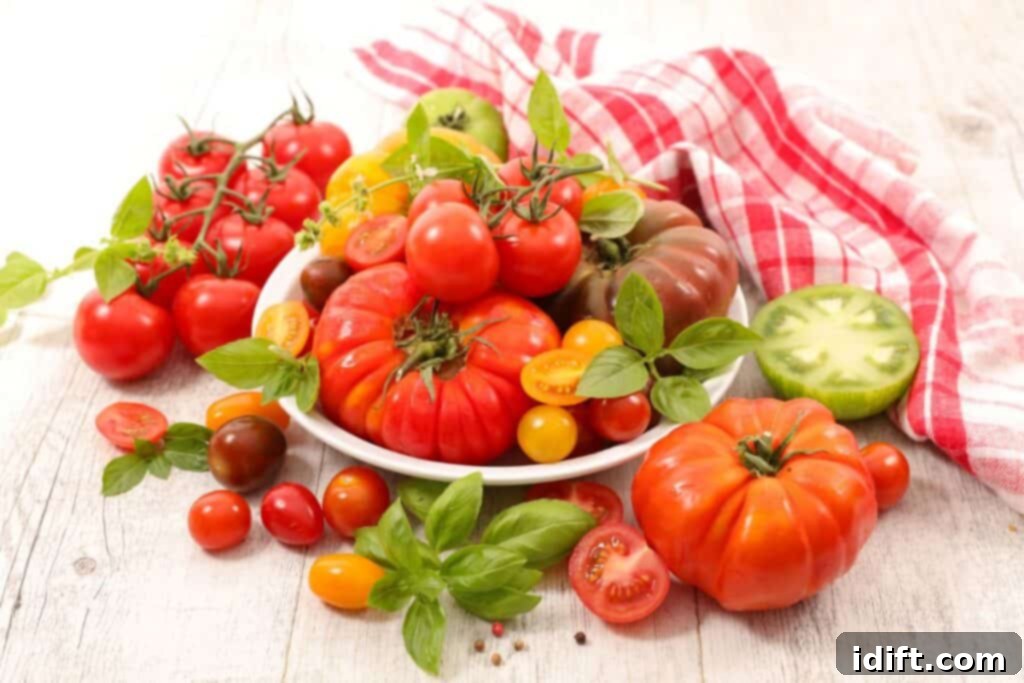 Tomato Bounty: Your Comprehensive Guide to Varieties and Tastes 2 A vibrant assortment of fresh tomatoes and aromatic basil leaves arranged artfully on a rustic wooden table, showcasing the diversity and freshness of the produce.