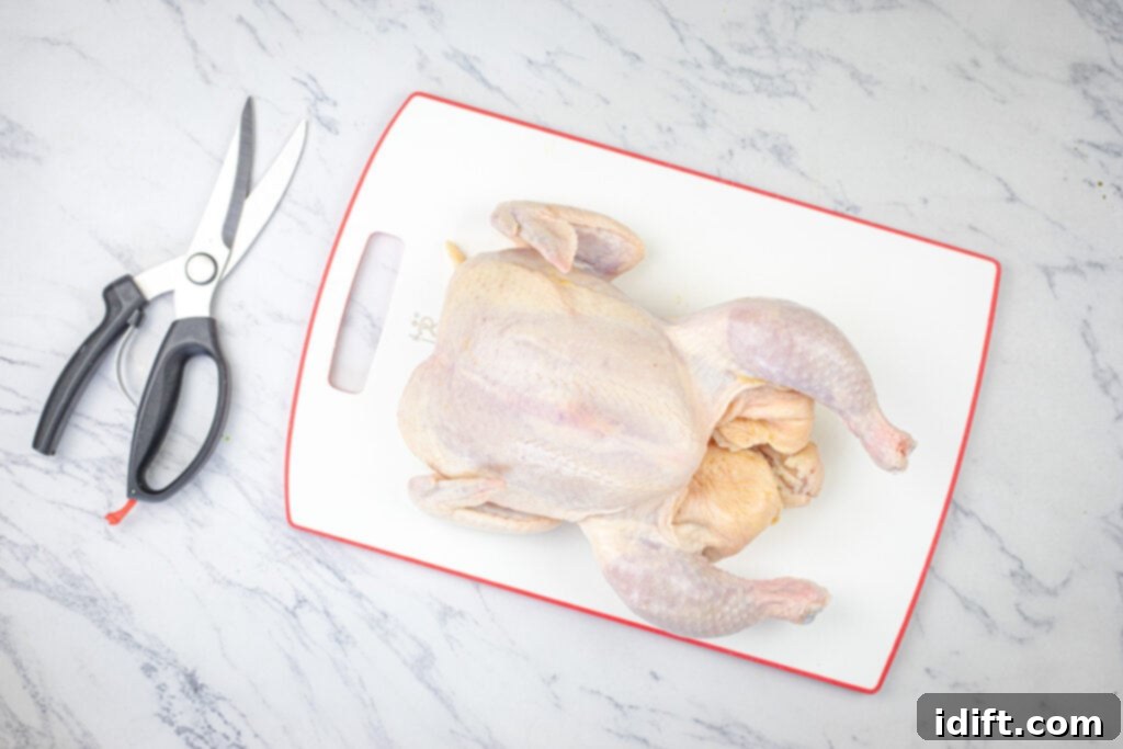 Mastering Spatchcock Chicken 3 Raw whole chicken on a white cutting board next to kitchen shears and a knife, ready for preparation.