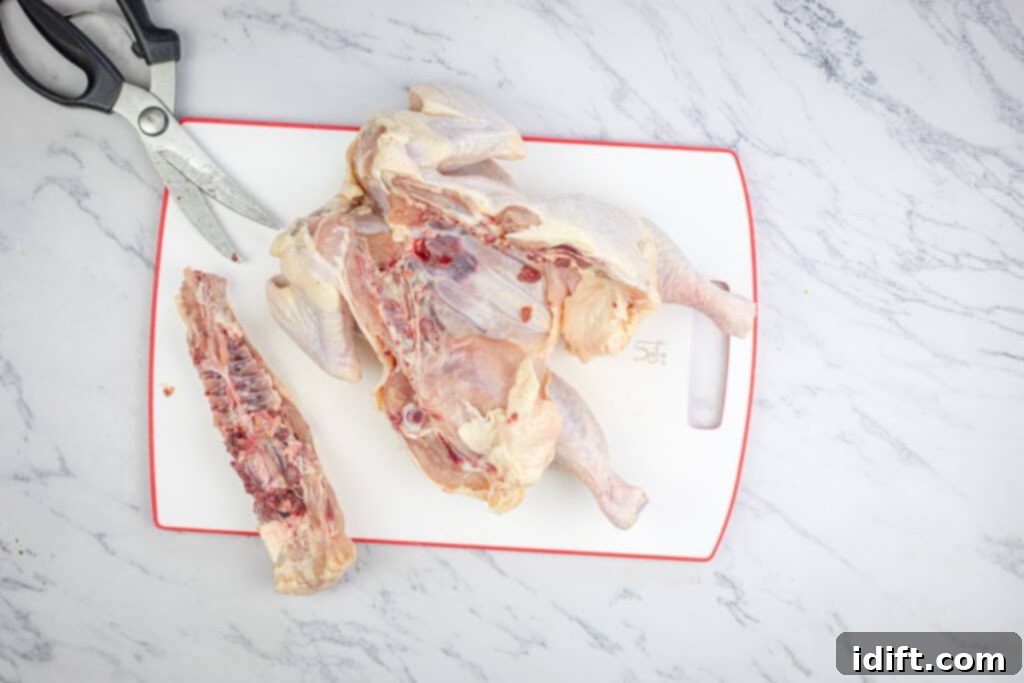 Mastering Spatchcock Chicken 5 Raw chicken being prepared on a cutting board with kitchen scissors and the removed backbone to the side.