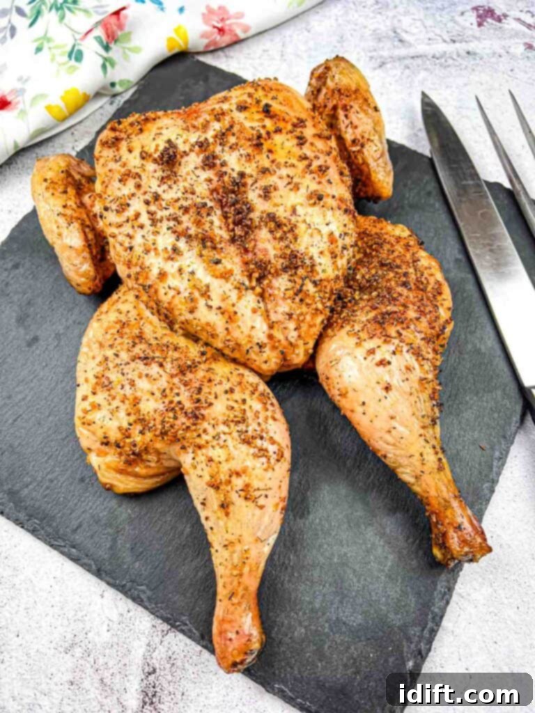 Roasted chicken with seasoning displayed on a slate board with cutlery on the side.