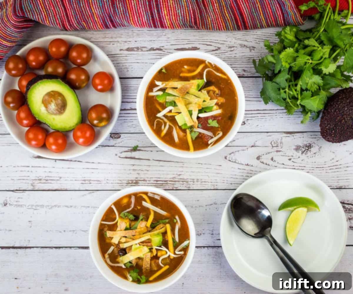 Two white bowls filled with hearty Smoked Chicken Tortilla Soup, garnished with avocado and cilantro.