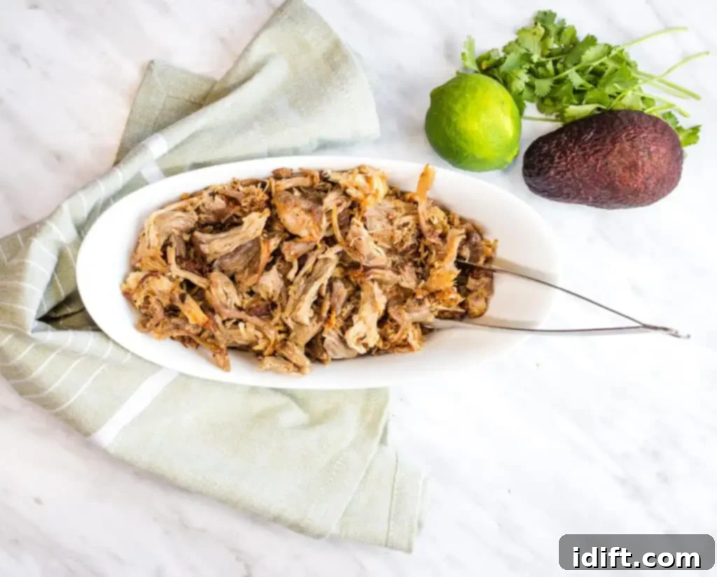 Mexican pulled pork in a white bowl on a marble counter.