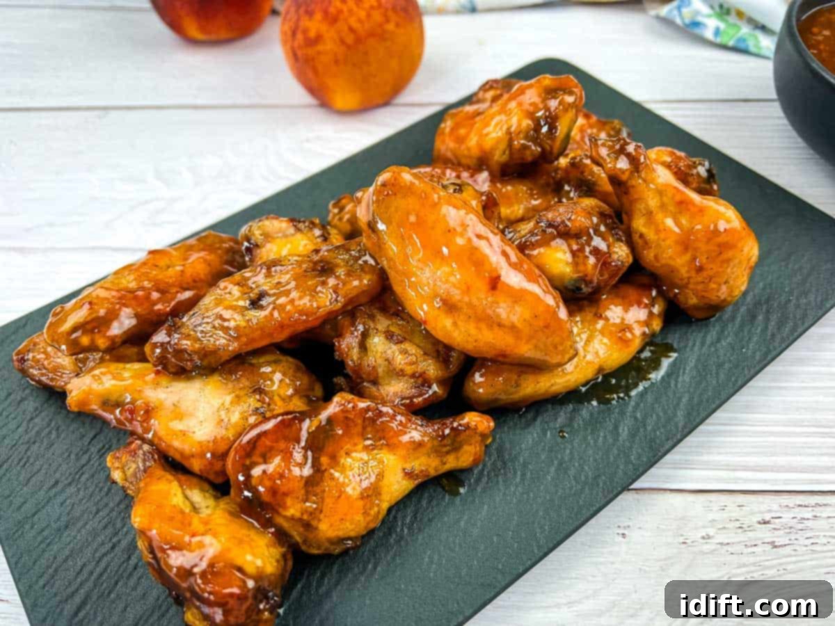 Lunch Hacks for Hectic Workdays 2 Smoked and glazed peach-chipotle chicken wings on a black plate.