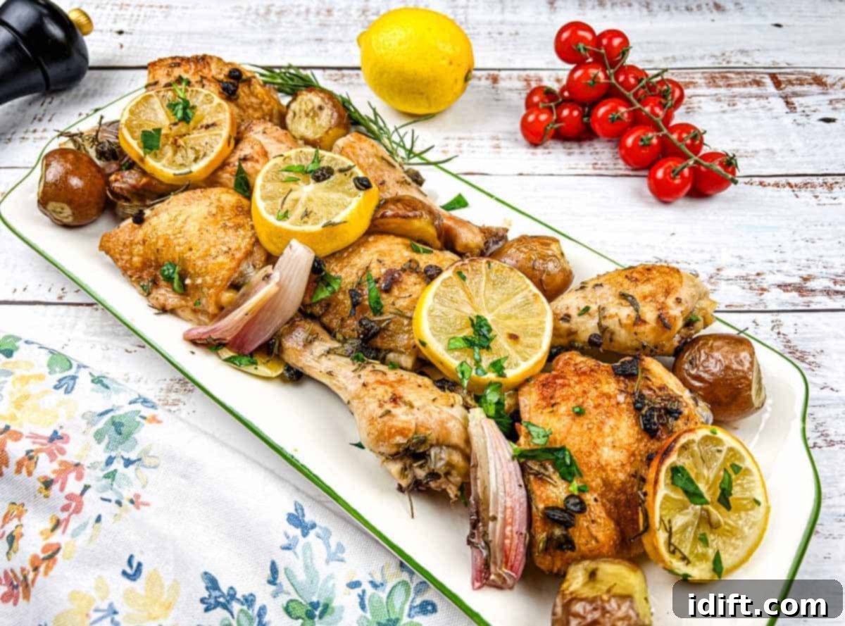 A platter of sheet pan lemon-rosemary chicken with lemon slices, herbs, and garnished with cherry tomatoes.