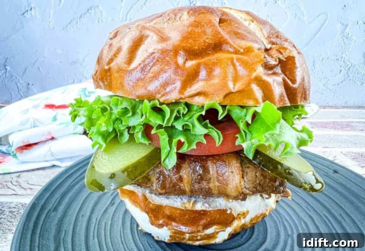 11 Surprising Foods You Have to Try on the Grill 7 Bacon-Wrapped Burger on a black plate.