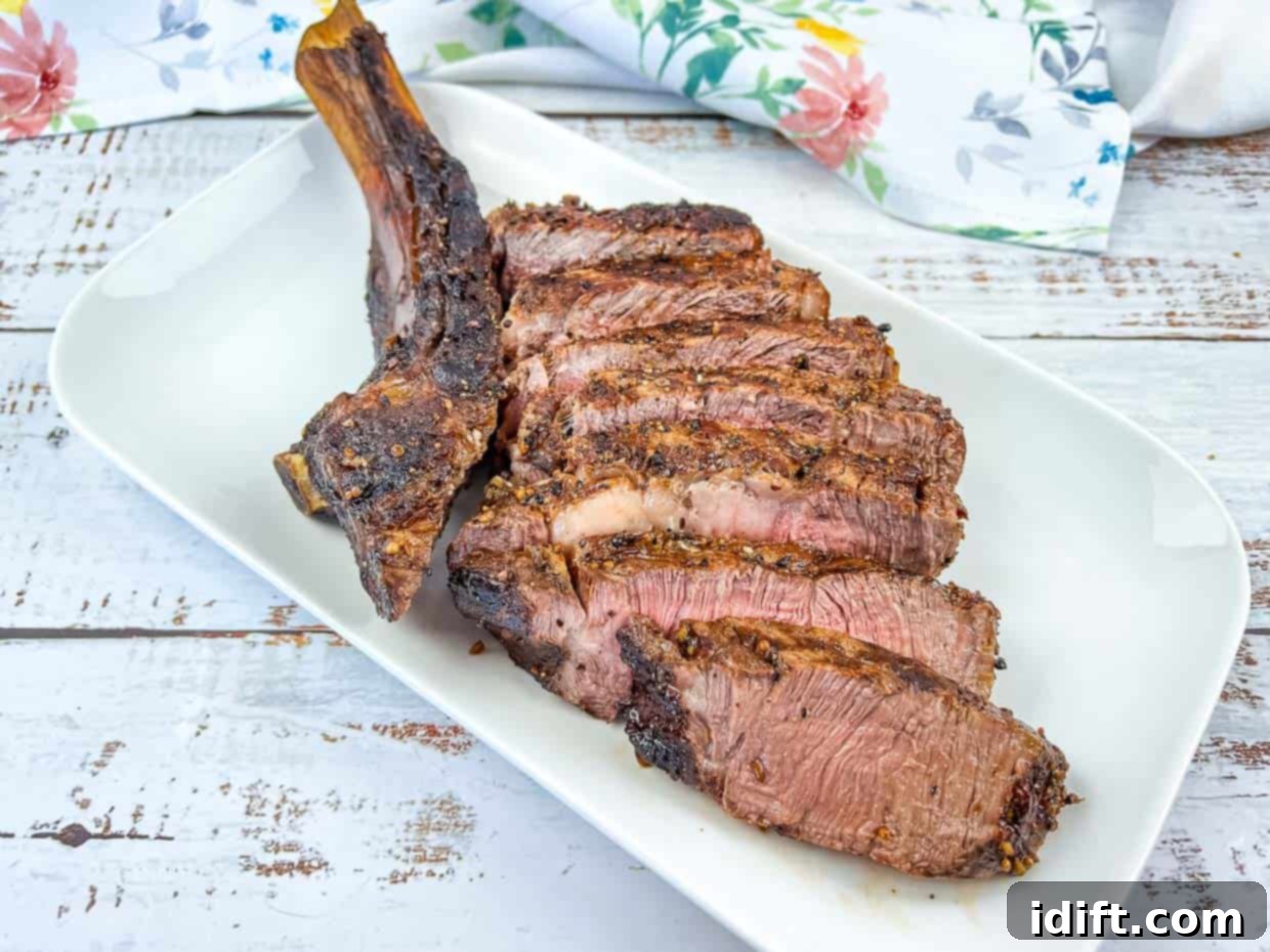 13 Meals Transformed by the Grill 4 A sliced tomahawk steak on a white plate.