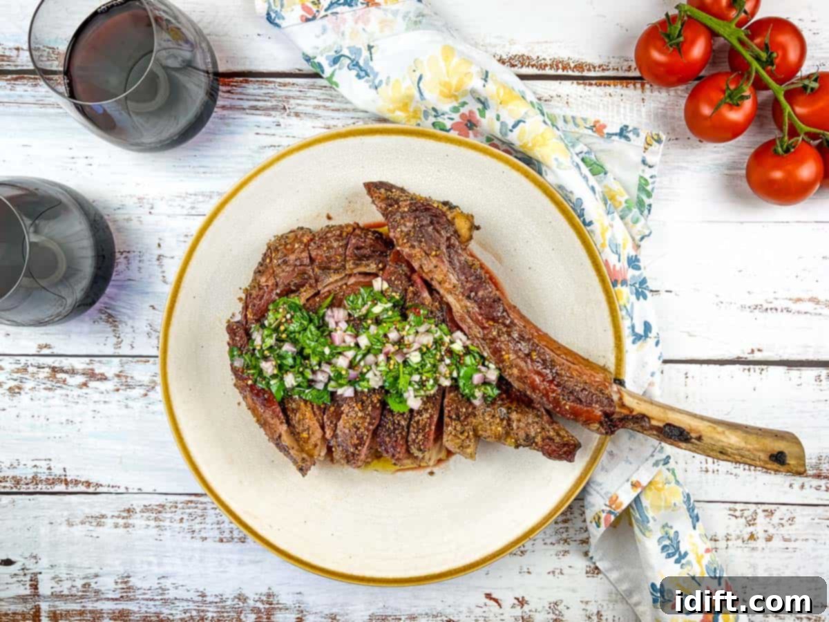A perfectly sliced grilled tomahawk steak on a white plate, showcasing its tender interior.