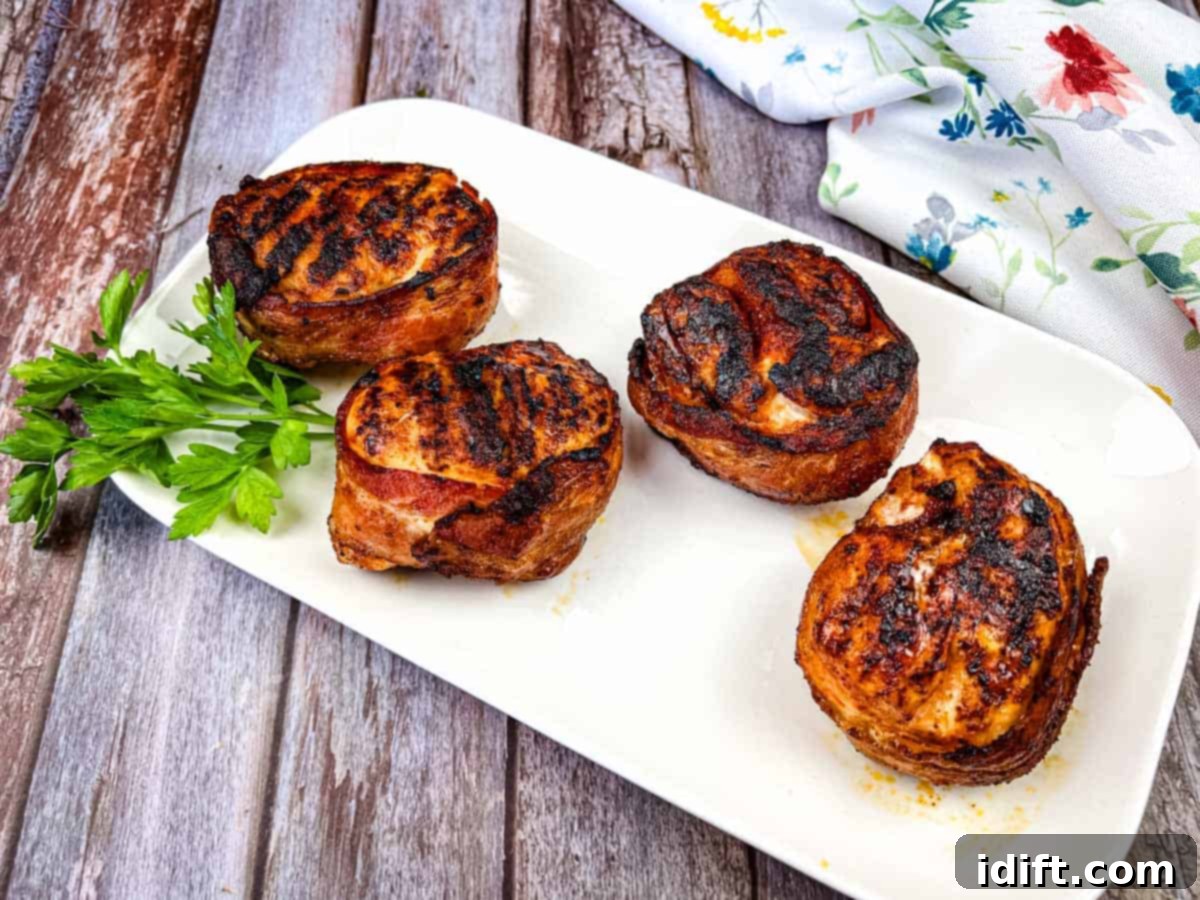 15 Grilled Meats Your Taste Buds Will Thank You For 15 Four bacon-wrapped chicken breasts on a white rectangular plate garnished with sprigs of parsley.