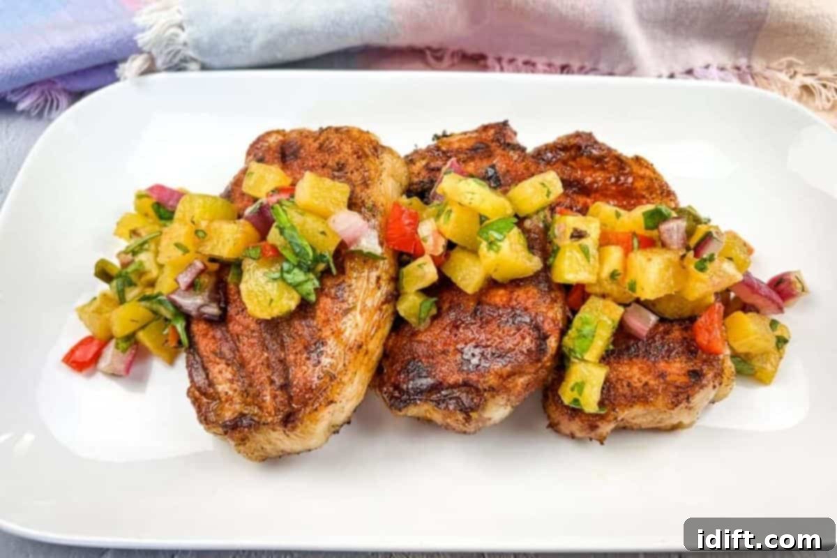 15 Grilled Meats Your Taste Buds Will Thank You For 5 Grilled pork chops with pineapple salsa on a white plate.