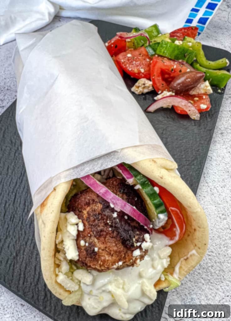 Mediterranean Meatball Pita Pockets 2 Delicious Greek Meatball Pita Sandwich on a black slate plate, garnished with fresh herbs.