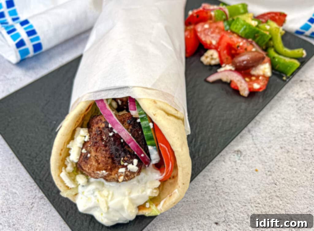 Mediterranean Meatball Pita Pockets 11 Finished Greek Meatball Pita Sandwich on a black slate plate.