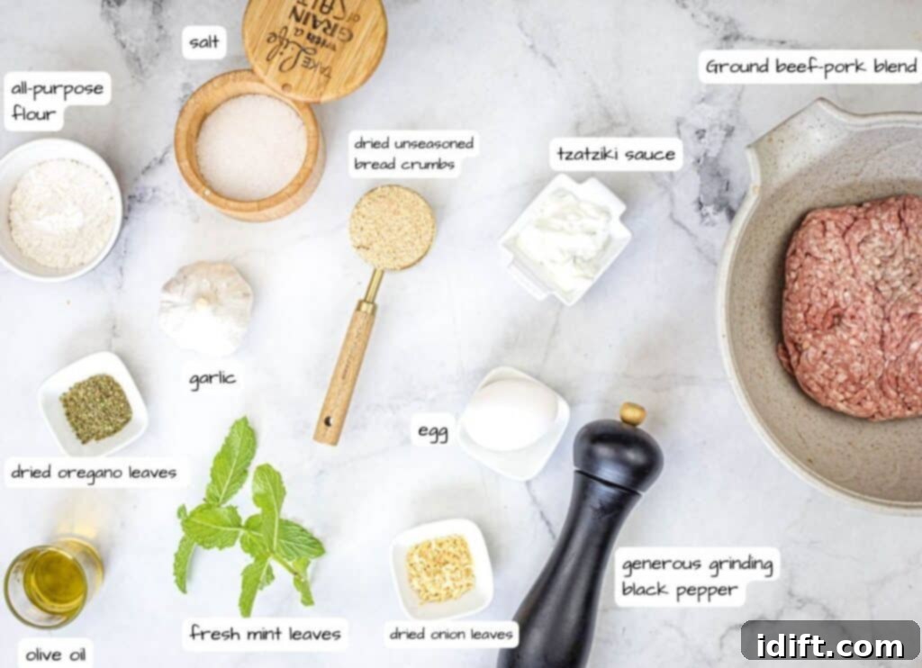 Mediterranean Meatball Pita Pockets 4 All the fresh ingredients for Greek Meatball Pita Sandwiches laid out and labeled.