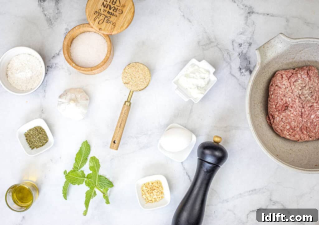 Mediterranean Meatball Pita Pockets 5 Fresh ingredients laid out on a counter.