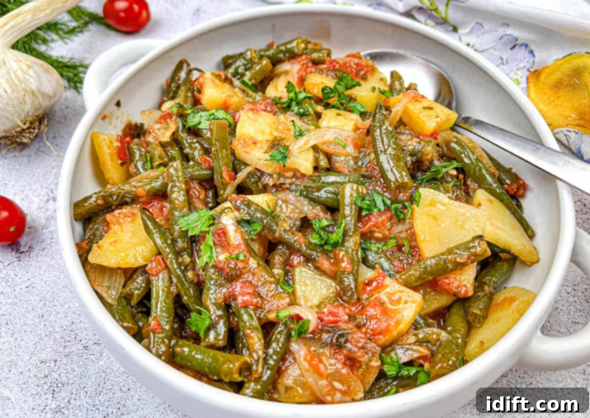 Speedy Suppers, Fabulous Flavors: Family Meals Made Easy 2 Greek Green Beans served in a white bowl.
