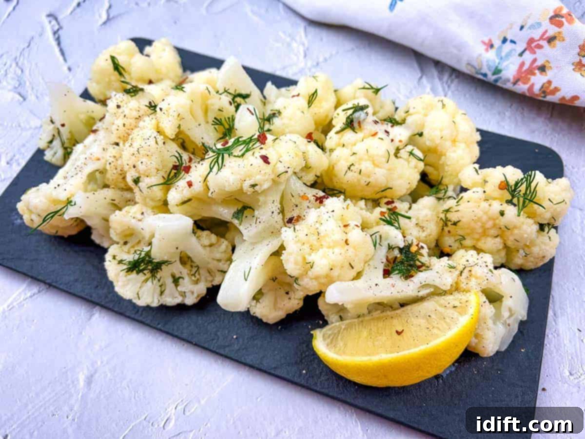 Speedy Suppers, Fabulous Flavors: Family Meals Made Easy 14 Cauliflower with lemon and dill on a black board.