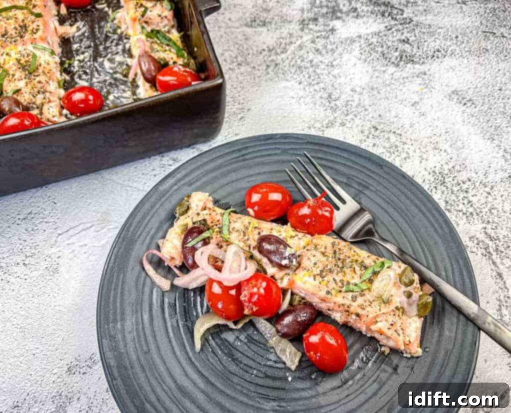 Speedy Suppers, Fabulous Flavors: Family Meals Made Easy 6 A plate of Greek salmon with grape tomatoes and olives.