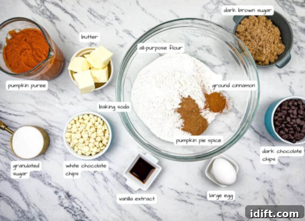 All the ingredients for pumpkin blondies meticulously laid out and labeled on a kitchen counter, ready for preparation.