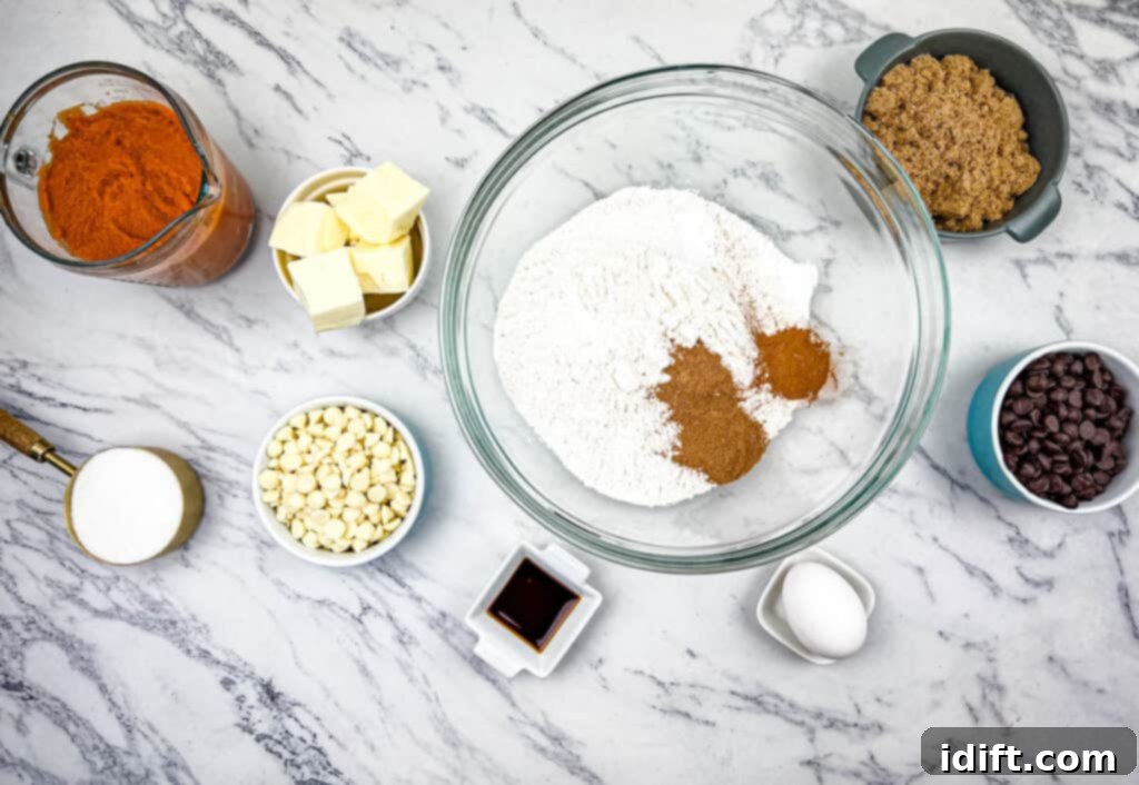 Precisely measured ingredients for pumpkin blondies laid out on a clean surface.