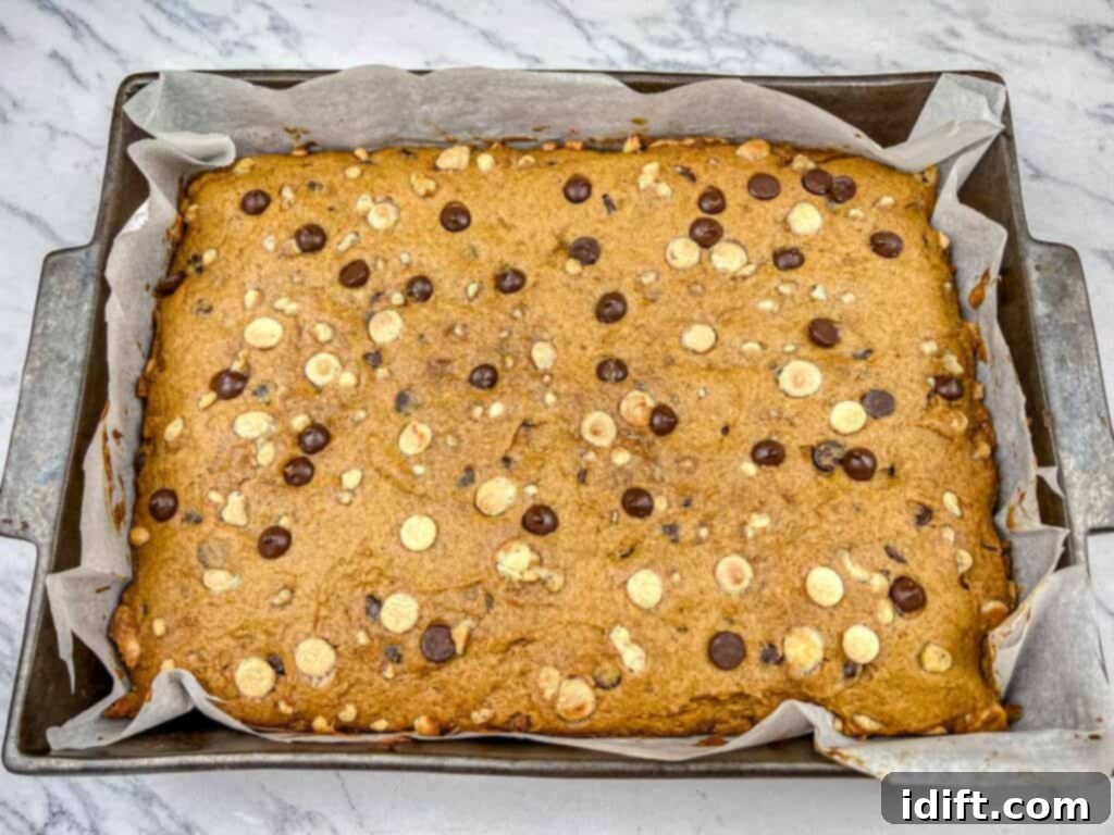 Pumpkin blondies cooling completely in the baking pan on a wire rack.