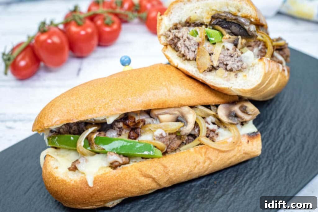 Elevated Ground Beef Philly Cheesesteak 10 Double halves of Ground Beef Philly Cheesesteak on a slate plate.