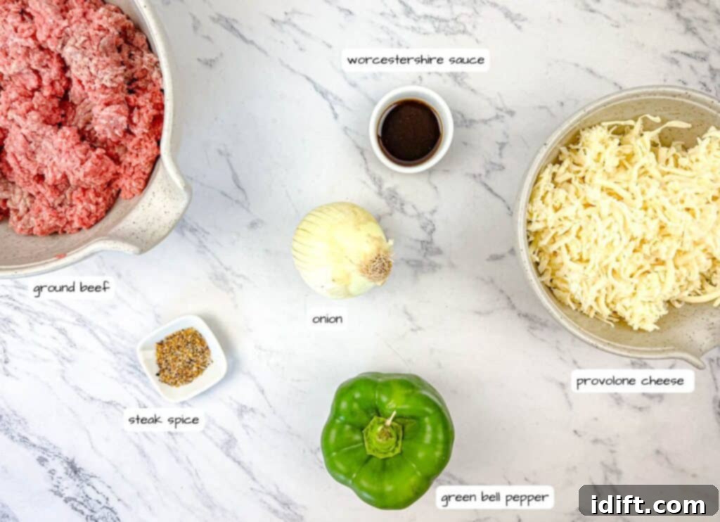 Elevated Ground Beef Philly Cheesesteak 4 Ground Beef Philly Cheesesteak ingredients with labels.