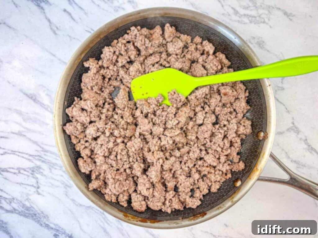 Elevated Ground Beef Philly Cheesesteak 6 Cook ground beef with steak spice until browned.