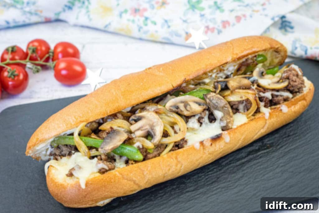 Elevated Ground Beef Philly Cheesesteak 9 Ground Beef Philly Cheesesteak on a black slate plate.