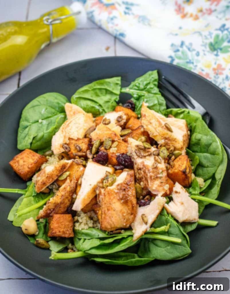 Golden Autumn Salmon Bowl 2 A vibrant and healthy salmon bowl served on a sleek black plate, featuring perfectly roasted salmon, colorful sweet potatoes, fluffy quinoa, and fresh greens, drizzled with a zesty citrus dressing and topped with a crunchy seed mix.