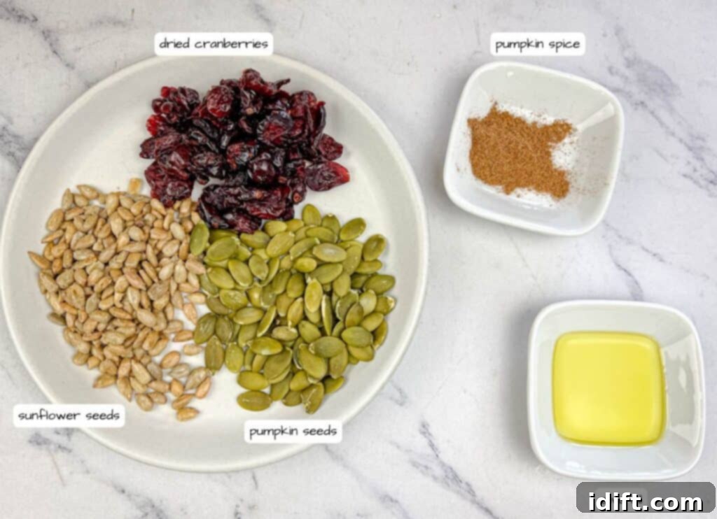 Golden Autumn Salmon Bowl 5 Ingredients for the Harvest Crunch Topping carefully arranged: dried cranberries, raw sunflower seeds, and raw pumpkin seeds are presented alongside small bowls of pumpkin spice and olive oil, all clearly labeled.