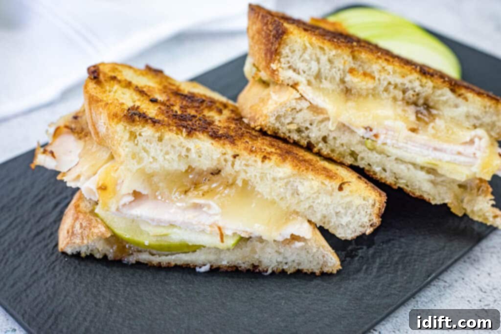 Two halves of a Turkey & Apple Grilled Cheese elegantly arranged on a sleek black rectangular plate, highlighting its gourmet appeal.