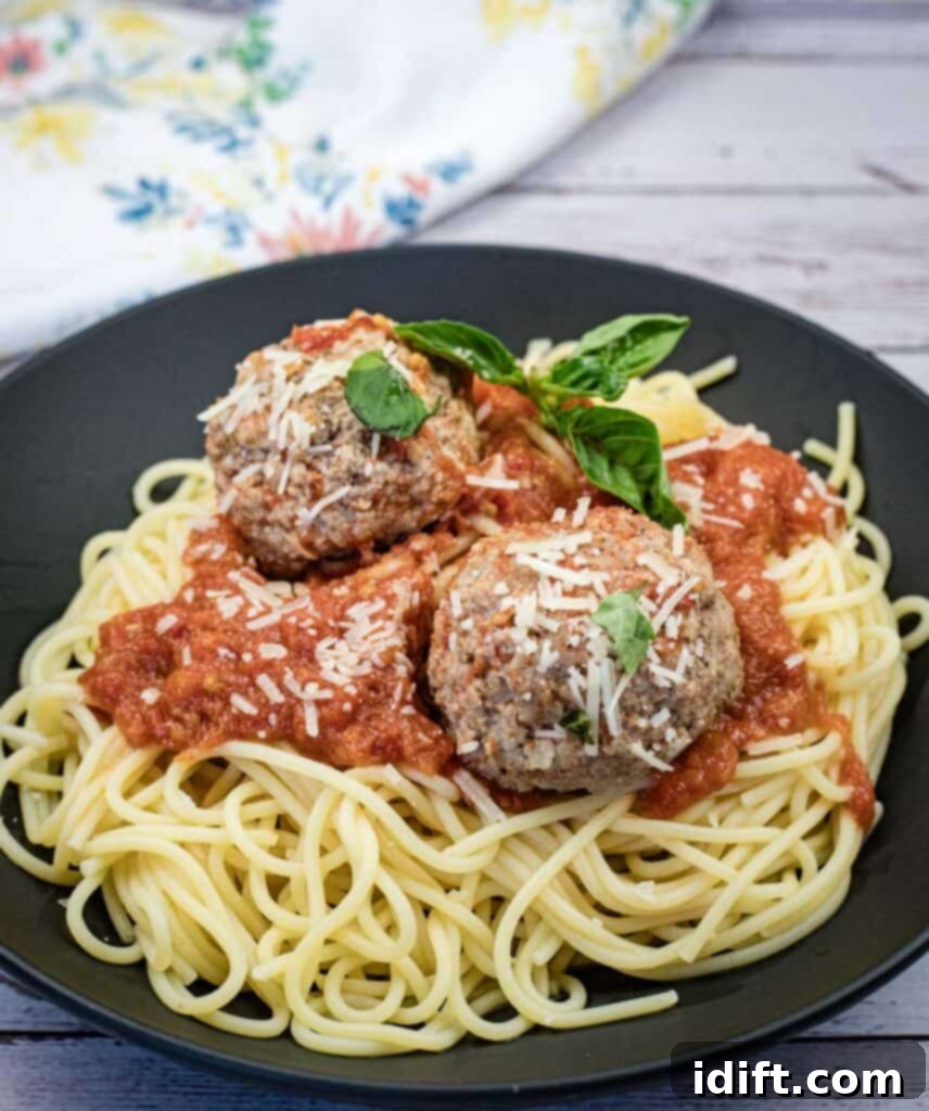 A plate of spaghetti topped with rich tomato sauce, two generously sized homemade meatballs, a sprinkle of grated Parmesan cheese, and a fresh sprig of basil.