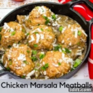 Chicken Marsala Meatballs presented on a black serving dish, covered in a rich, mushroom-studded Marsala wine sauce.