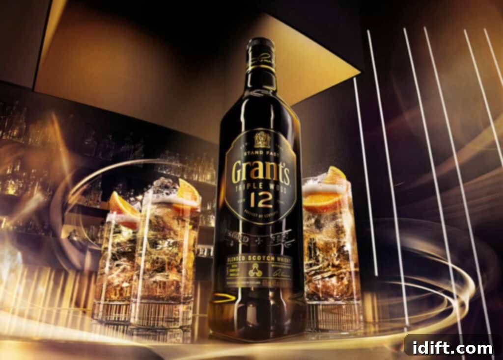 A bottle of Grant's Triple Wood 12 whisky, set against a warm, inviting background.