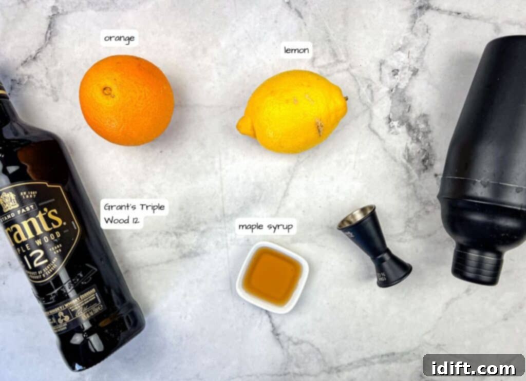 Grant’s Smoky Maple Sour ingredients neatly arranged with labels.