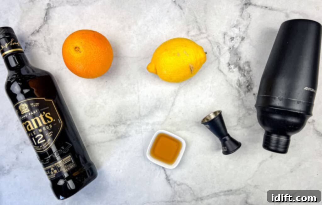 All ingredients laid out for making the cocktail.