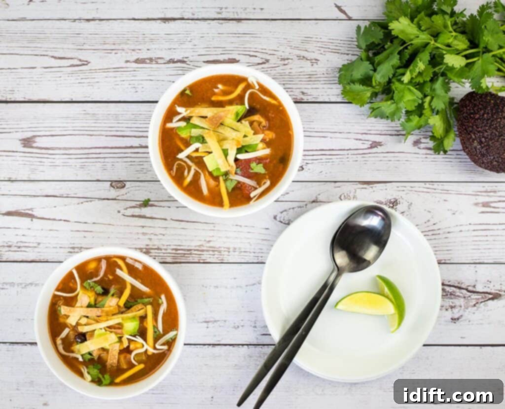 Southwestern Turkey Tortilla Soup 10 Top-down shot of two bowls of Turkey Tortilla Soup.
