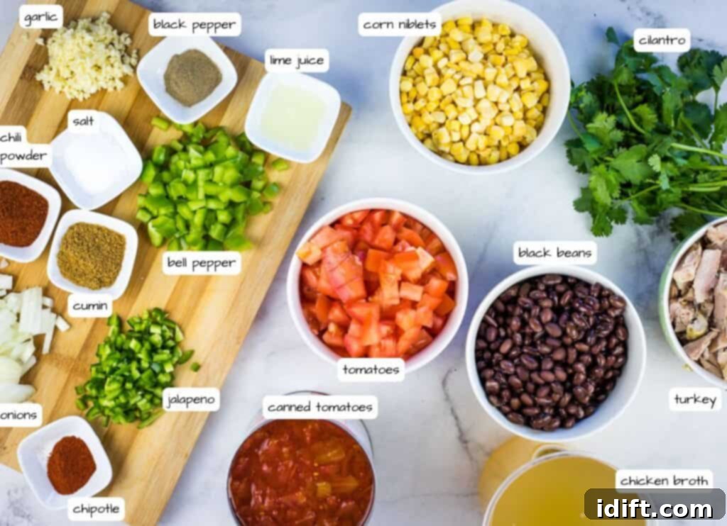 Southwestern Turkey Tortilla Soup 4 Turkey Tortilla Soup ingredients with labels.