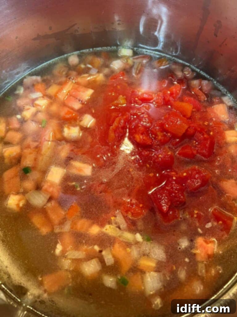 Southwestern Turkey Tortilla Soup 8 Broth and tomatoes added to the soup pot and simmering.