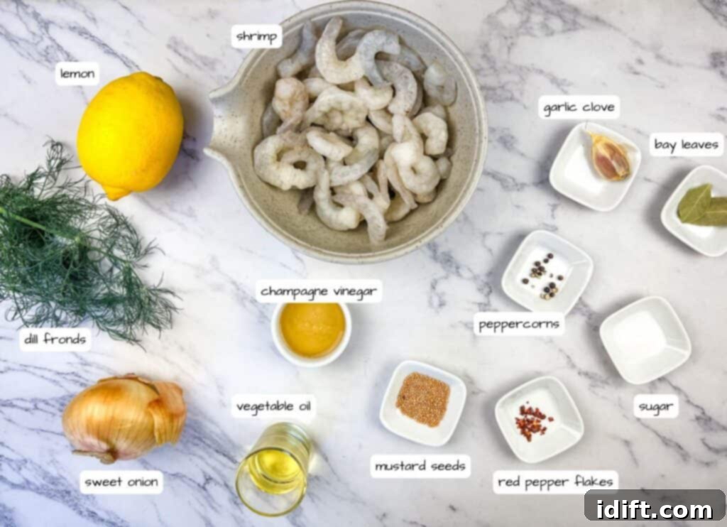 Various ingredients laid out for Southern Style Pickled Shrimp, including shrimp, lemon, onion, dill, and spices, all clearly labeled.
