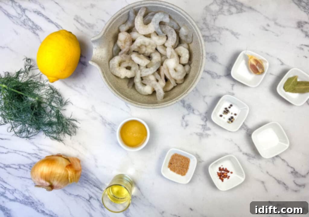 All ingredients for Southern Style Pickled Shrimp displayed on a counter, ready for preparation.