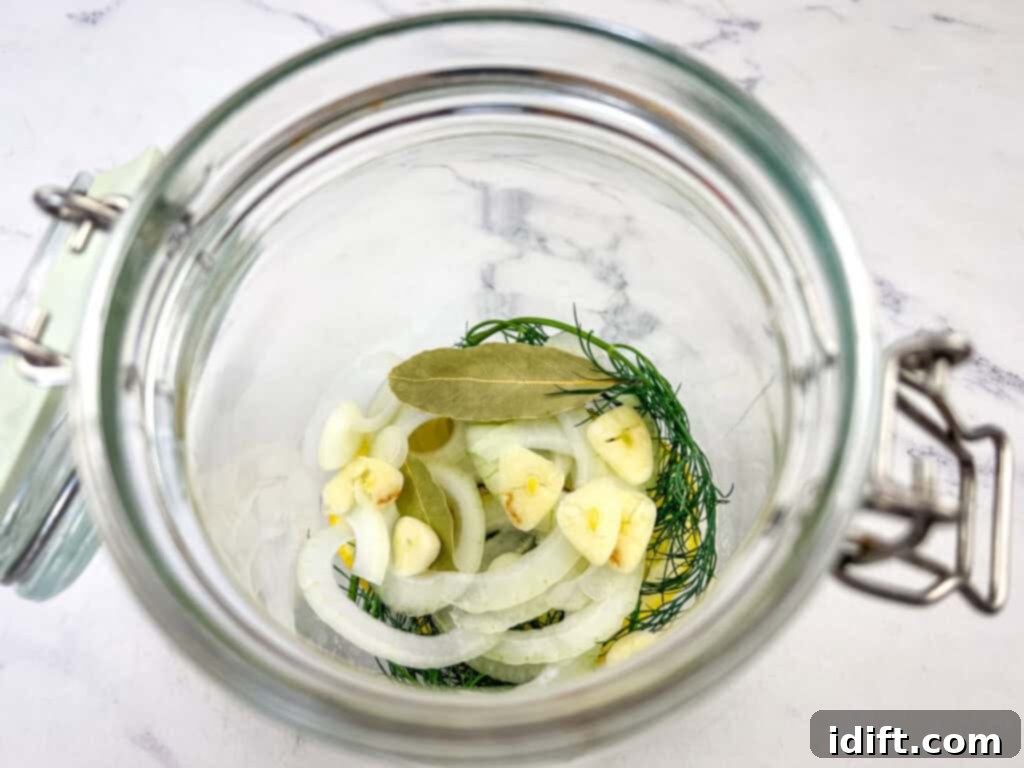 Half of the lemon slices, onion, and dill neatly arranged at the bottom of a clear glass jar.