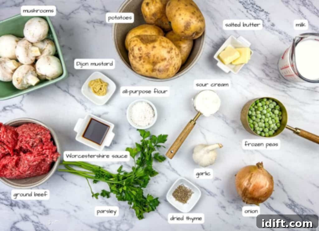 A flat lay image of all the fresh and pantry ingredients neatly laid out for Skillet Stroganoff Pie, with labels.