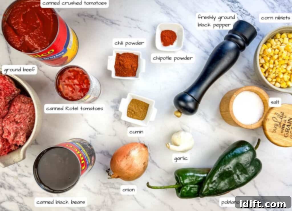 Slow Cooker Southwestern Chili ingredients laid out and labeled.