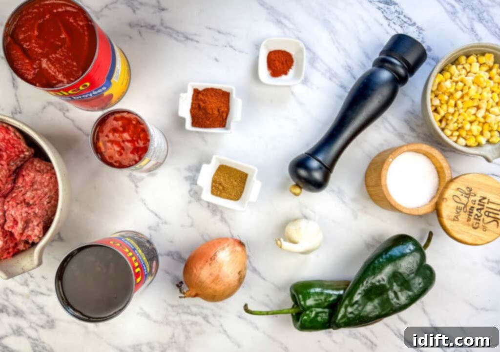 Individual ingredients for Slow Cooker Southwestern Chili laid out.